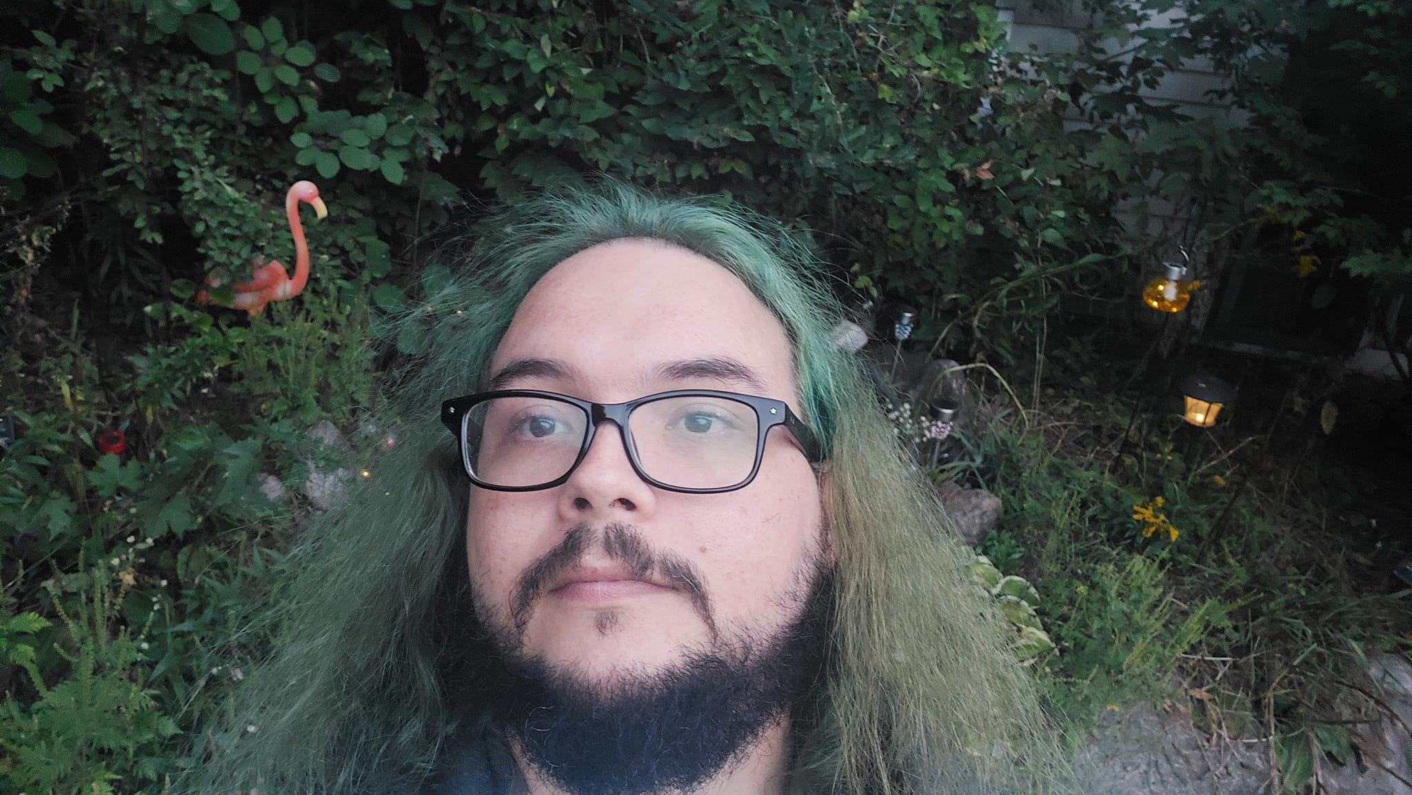 A man with green hair and a beard is outside after dark, Photo 3